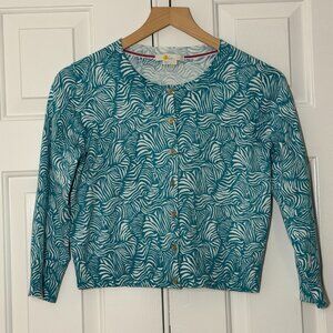 Boden Teal White Abstract Print Button Front Cardigan Sweater Size S
